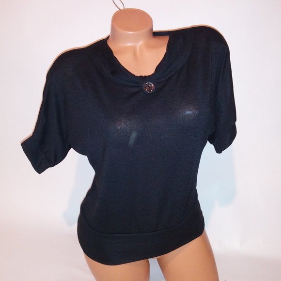 Annabelle Sweater Womens Solid Black Dolman Sleeve Scoop Neck Lightweight Button - Picture 2 of 8